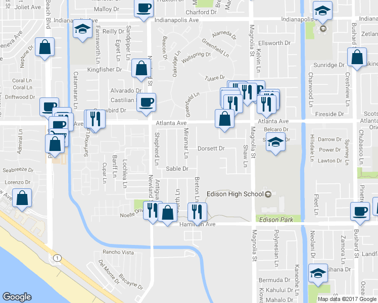 map of restaurants, bars, coffee shops, grocery stores, and more near 8642 Dorsett Drive in Huntington Beach