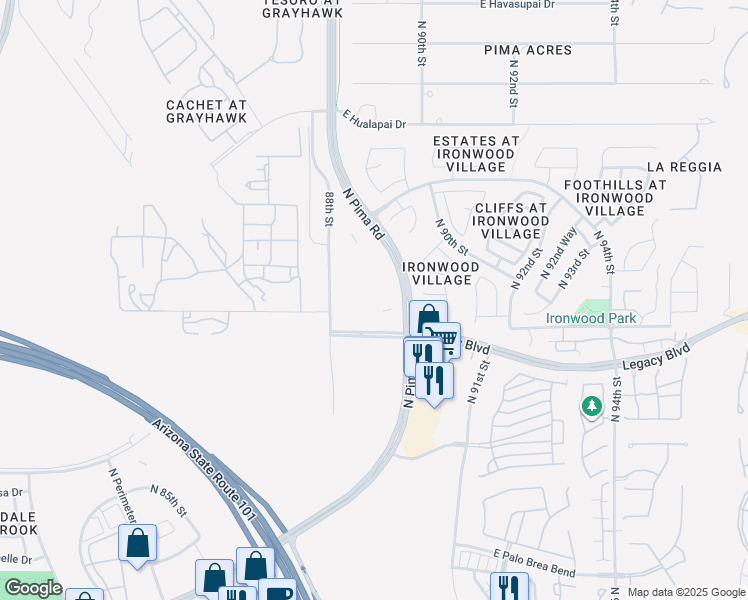 map of restaurants, bars, coffee shops, grocery stores, and more near 18747 North Pima Road in Scottsdale