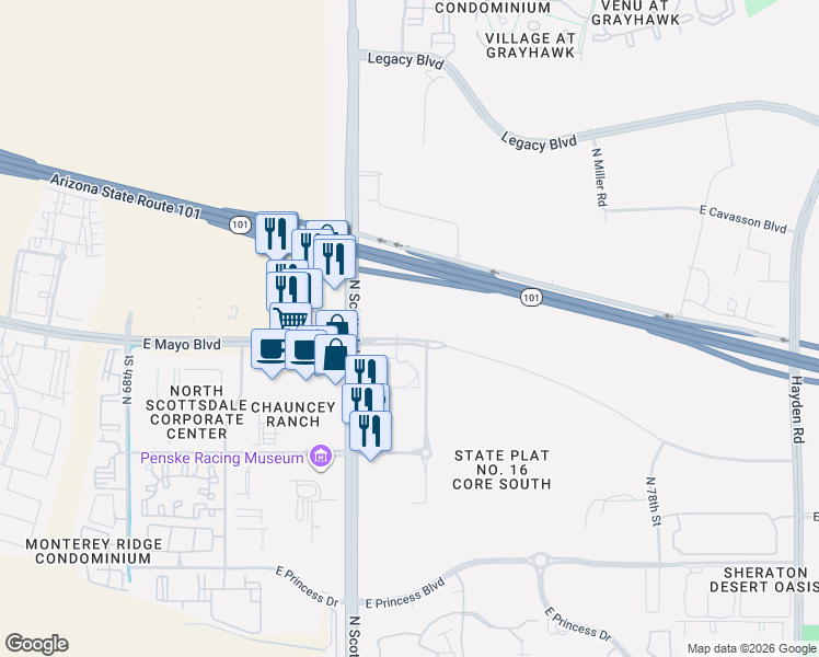 map of restaurants, bars, coffee shops, grocery stores, and more near East Mayo Boulevard in Scottsdale
