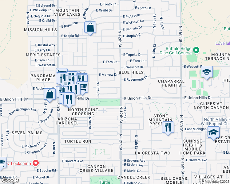 map of restaurants, bars, coffee shops, grocery stores, and more near 1126 East Renee Drive in Phoenix
