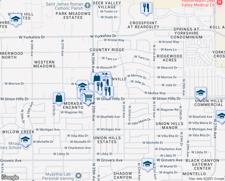 map of restaurants, bars, coffee shops, grocery stores, and more near 3414 West Union Hills Drive in Phoenix