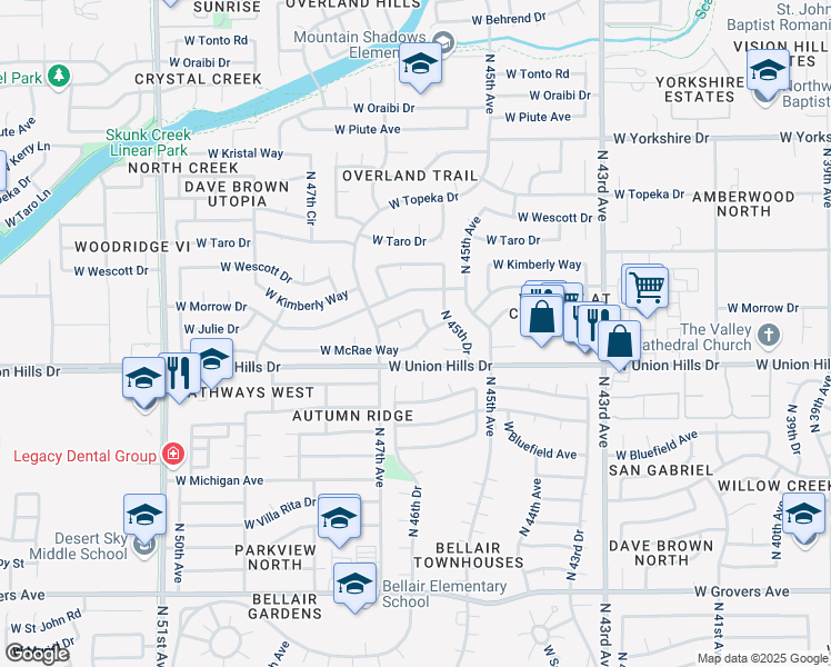 map of restaurants, bars, coffee shops, grocery stores, and more near 18625 North 46th Drive in Glendale