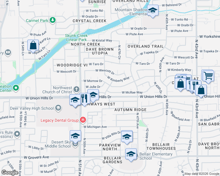 map of restaurants, bars, coffee shops, grocery stores, and more near 4775 West Morrow Drive in Glendale