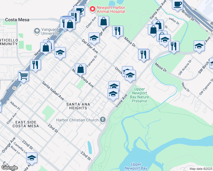 map of restaurants, bars, coffee shops, grocery stores, and more near 2545 Back Bay Loop in Costa Mesa
