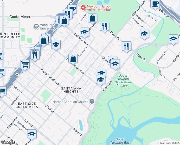 map of restaurants, bars, coffee shops, grocery stores, and more near 306 Monte Vista Avenue in Costa Mesa
