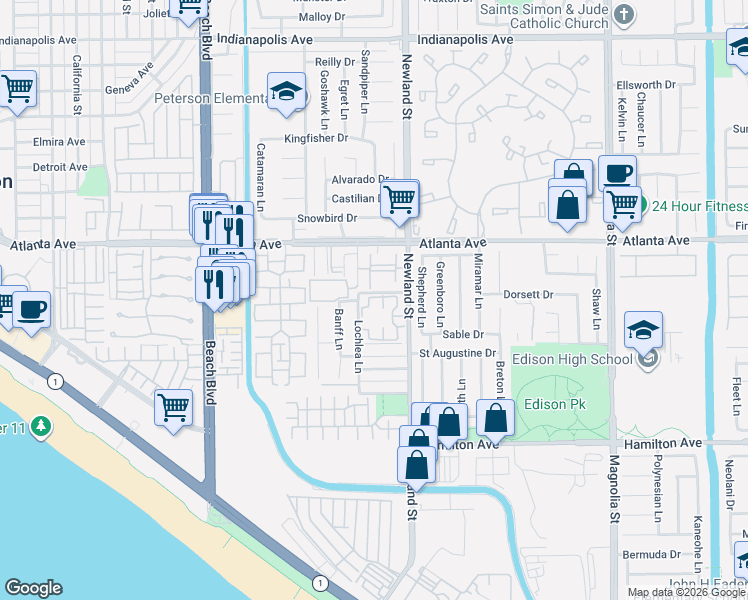map of restaurants, bars, coffee shops, grocery stores, and more near 8408 Dory Drive in Huntington Beach