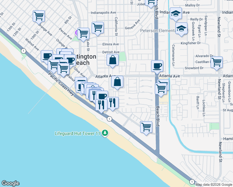 map of restaurants, bars, coffee shops, grocery stores, and more near 80 Huntington Street in Huntington Beach