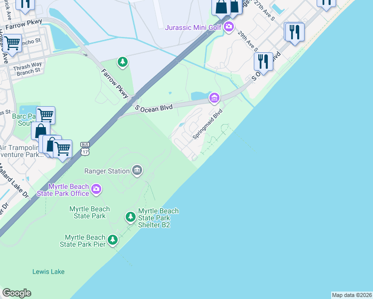 map of restaurants, bars, coffee shops, grocery stores, and more near 3216 Davis Street in Myrtle Beach