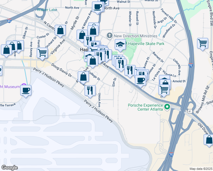 map of restaurants, bars, coffee shops, grocery stores, and more near 3610 Union Avenue in Hapeville