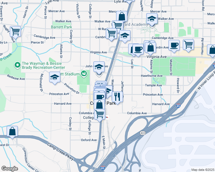 map of restaurants, bars, coffee shops, grocery stores, and more near 3652 Main Street in Atlanta