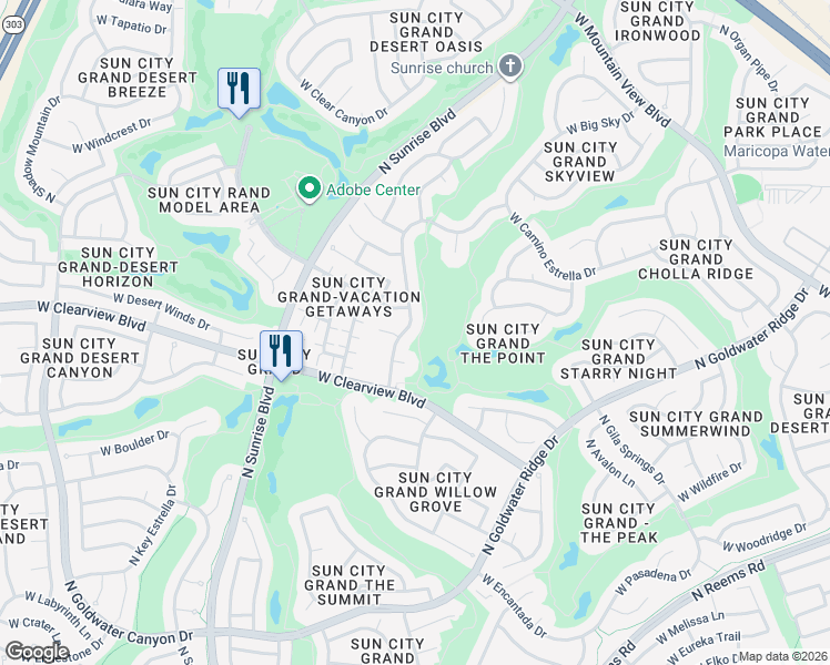 map of restaurants, bars, coffee shops, grocery stores, and more near 19531 North Rim Drive in Surprise