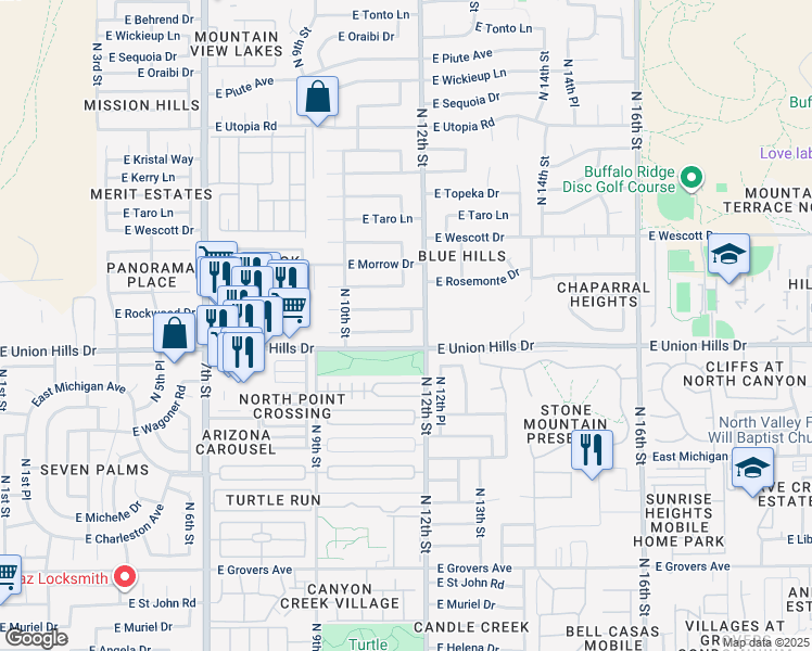 map of restaurants, bars, coffee shops, grocery stores, and more near 1126 East Renee Drive in Phoenix
