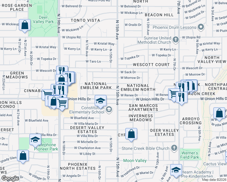map of restaurants, bars, coffee shops, grocery stores, and more near 1507 West Rockwood Drive in Phoenix