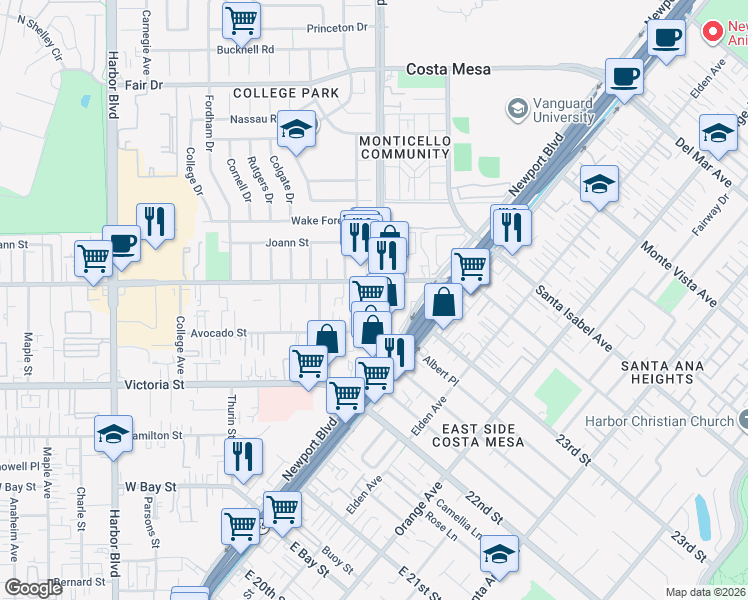 map of restaurants, bars, coffee shops, grocery stores, and more near 2233 Fairview Road in Costa Mesa