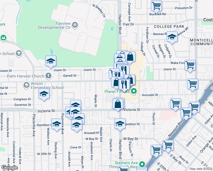 map of restaurants, bars, coffee shops, grocery stores, and more near 543 West Wilson Street in Costa Mesa