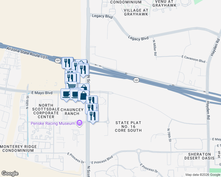 map of restaurants, bars, coffee shops, grocery stores, and more near East Mayo Boulevard in Scottsdale