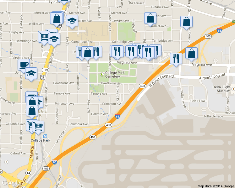 map of restaurants, bars, coffee shops, grocery stores, and more near 648 Howard Drive in College Park
