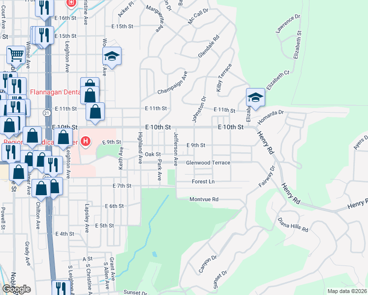 map of restaurants, bars, coffee shops, grocery stores, and more near 1114 East 9th Street in Anniston