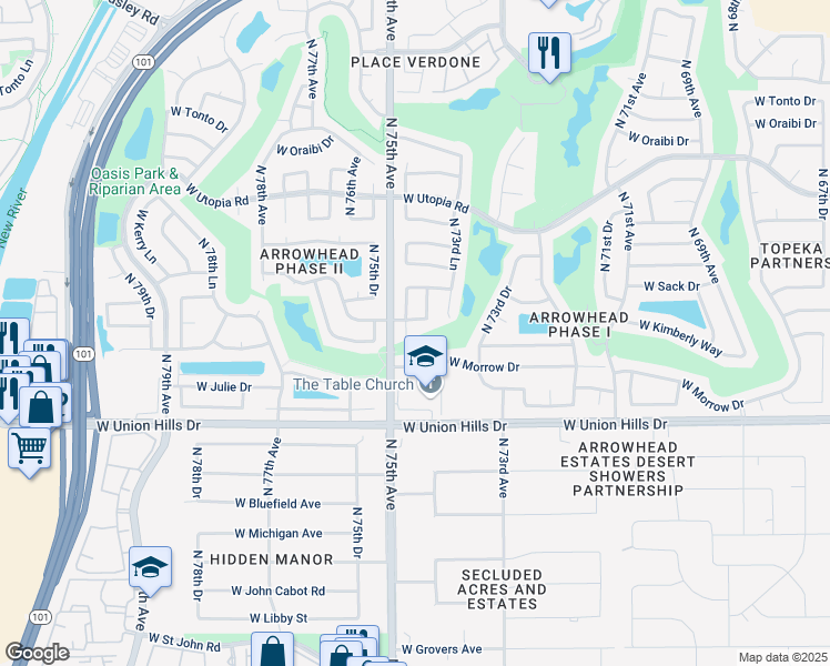 map of restaurants, bars, coffee shops, grocery stores, and more near 18991 North 74th Drive in Glendale