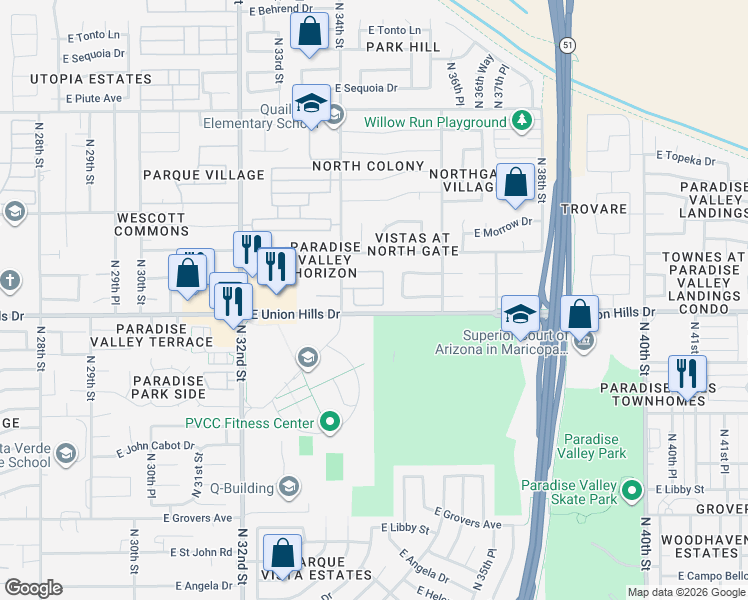 map of restaurants, bars, coffee shops, grocery stores, and more near 3432 East Jason Drive in Phoenix