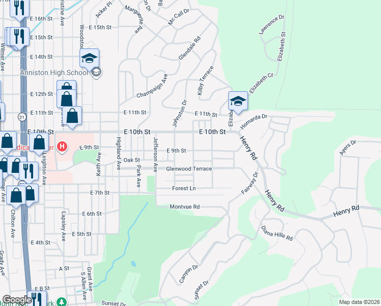map of restaurants, bars, coffee shops, grocery stores, and more near 823 Lockwood Avenue in Anniston