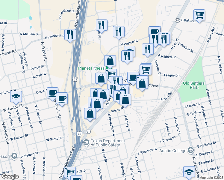 map of restaurants, bars, coffee shops, grocery stores, and more near 1804 Loy Lake Road in Sherman