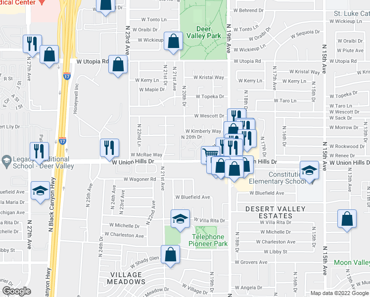 map of restaurants, bars, coffee shops, grocery stores, and more near 2020 West Union Hills Drive in Phoenix