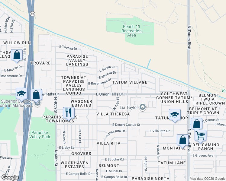 map of restaurants, bars, coffee shops, grocery stores, and more near 18612 North 43rd Street in Phoenix
