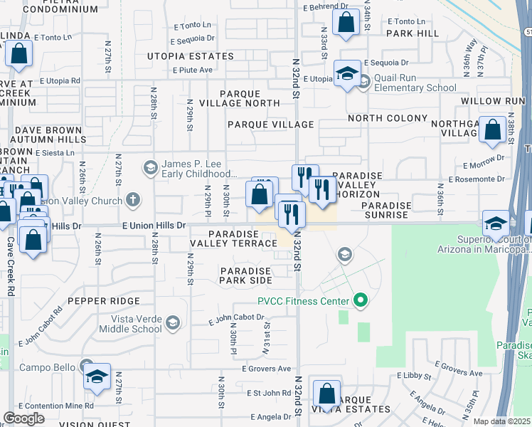 map of restaurants, bars, coffee shops, grocery stores, and more near 3130 East Union Hills Drive in Phoenix