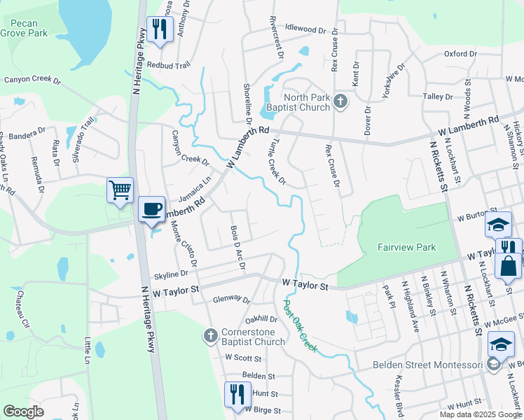 map of restaurants, bars, coffee shops, grocery stores, and more near 1701 River Oak Circle in Sherman