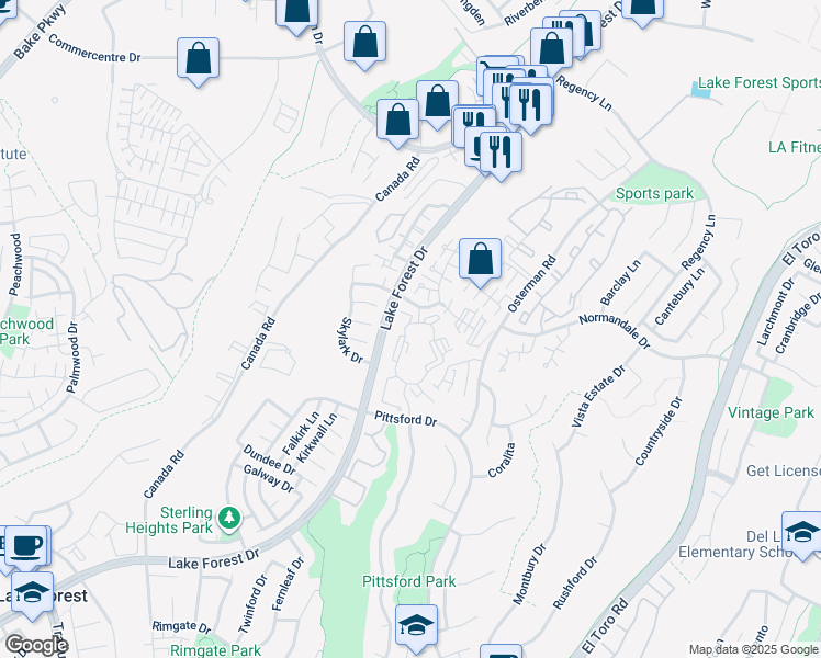 map of restaurants, bars, coffee shops, grocery stores, and more near 26356 Vintage Woods Road in Lake Forest