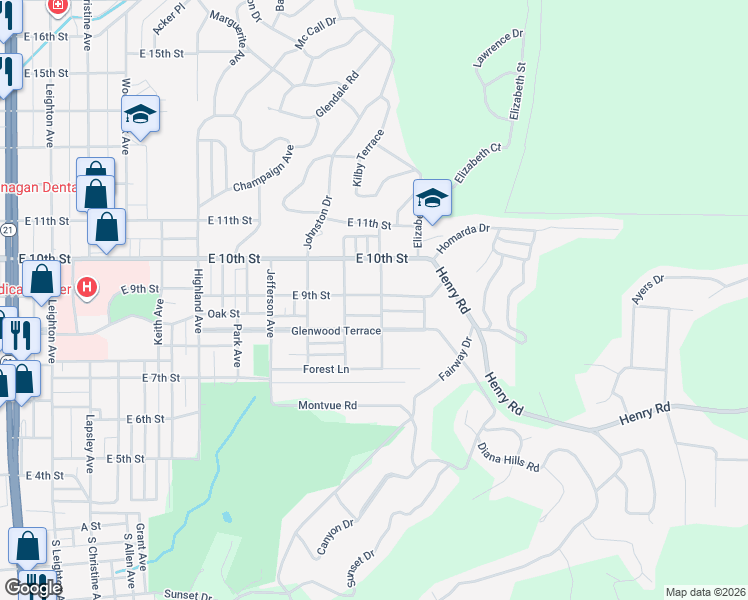 map of restaurants, bars, coffee shops, grocery stores, and more near 823 Maplewood Place in Anniston