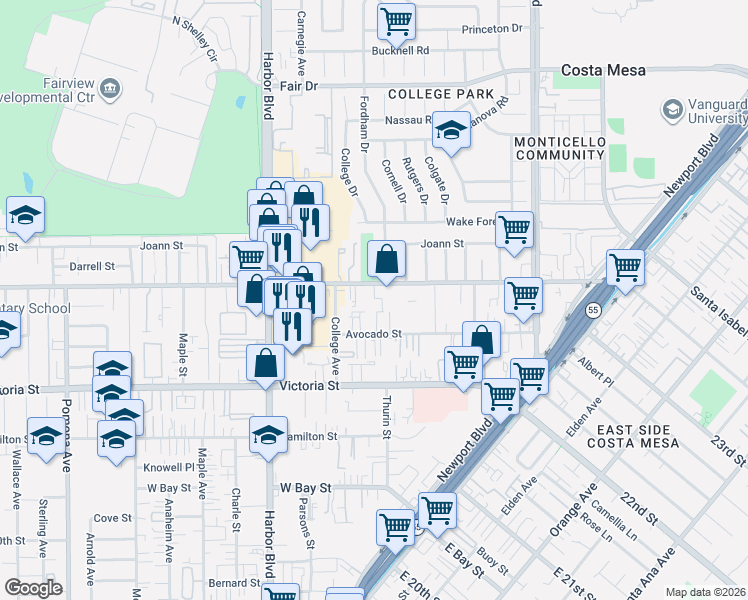map of restaurants, bars, coffee shops, grocery stores, and more near 365 West Wilson Street in Costa Mesa