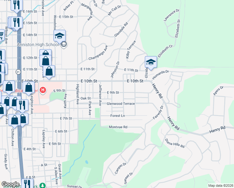 map of restaurants, bars, coffee shops, grocery stores, and more near 1310 East 9th Street in Anniston