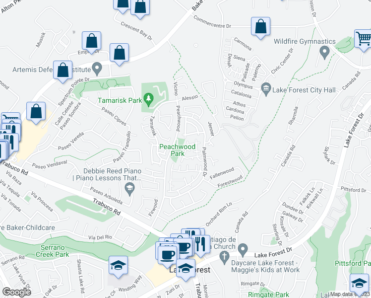 map of restaurants, bars, coffee shops, grocery stores, and more near 21181 Jasmines Way in Lake Forest