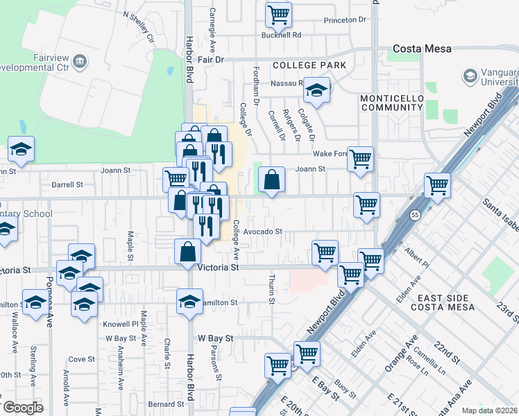 map of restaurants, bars, coffee shops, grocery stores, and more near 365 West Wilson Street in Costa Mesa