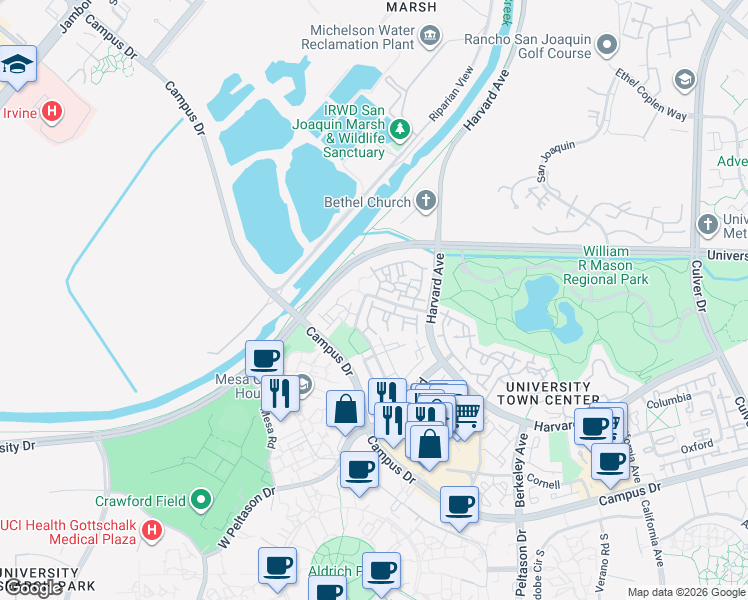 map of restaurants, bars, coffee shops, grocery stores, and more near 164 Stanford in Irvine