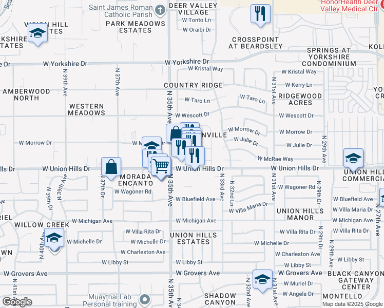 map of restaurants, bars, coffee shops, grocery stores, and more near 3414 West Union Hills Drive in Phoenix