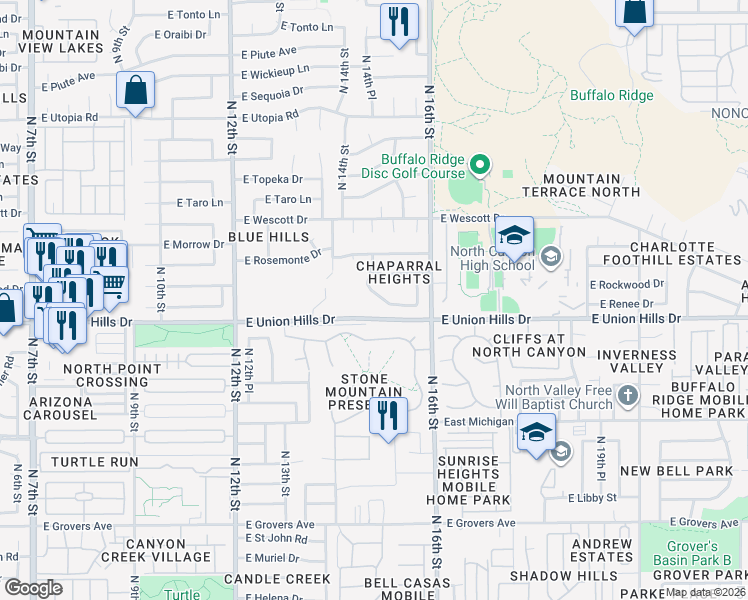 map of restaurants, bars, coffee shops, grocery stores, and more near 1445 East Renee Drive in Phoenix