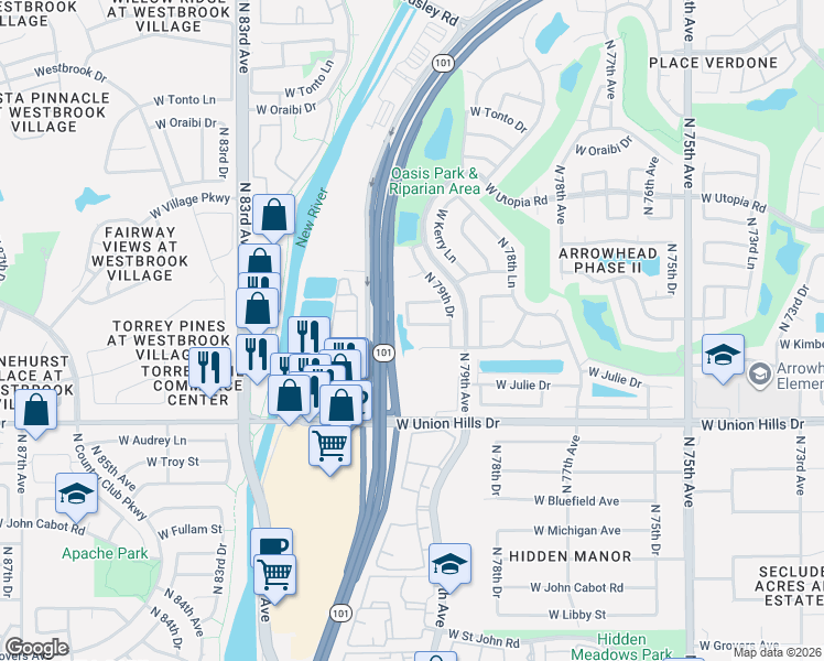 map of restaurants, bars, coffee shops, grocery stores, and more near 7949 West Wescott Drive in Glendale