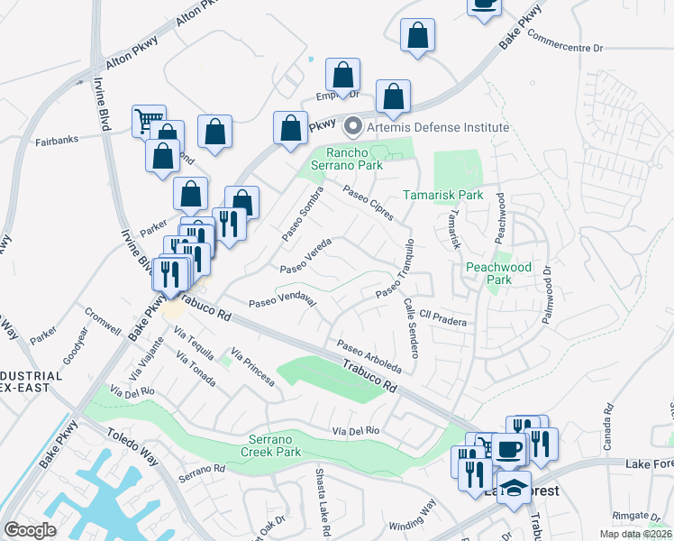 map of restaurants, bars, coffee shops, grocery stores, and more near 24931 Avenida Libre in Lake Forest