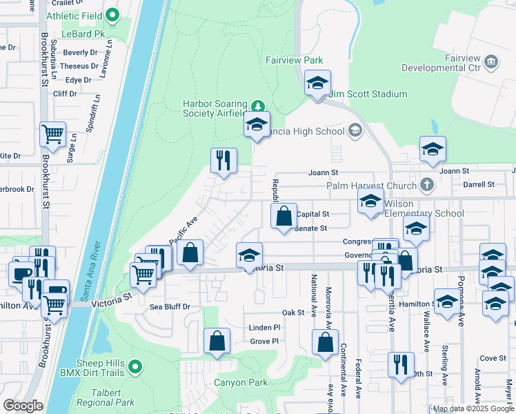 map of restaurants, bars, coffee shops, grocery stores, and more near in Costa Mesa