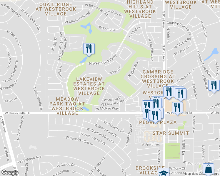 map of restaurants, bars, coffee shops, grocery stores, and more near 18834 North 94th Avenue in Peoria