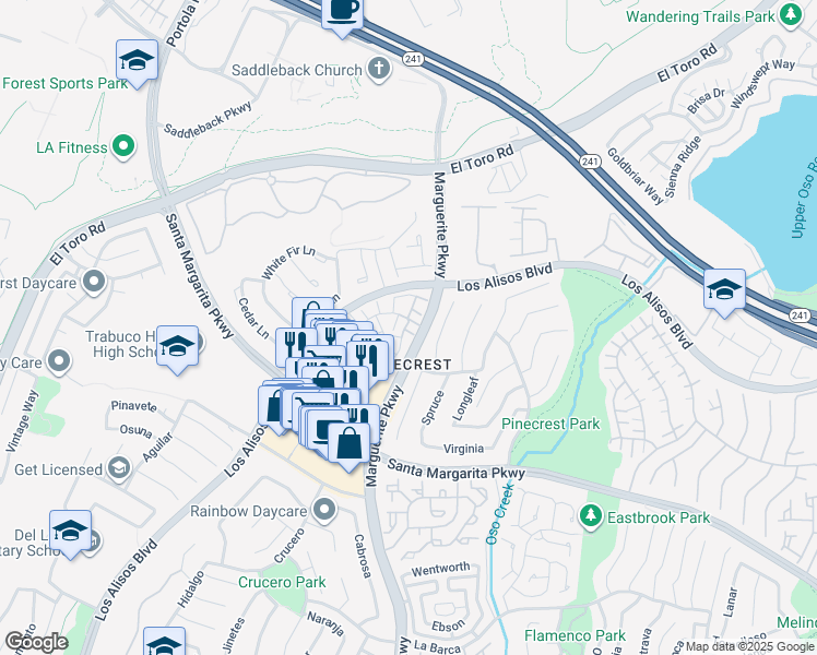 map of restaurants, bars, coffee shops, grocery stores, and more near 21127 Aqua in Mission Viejo