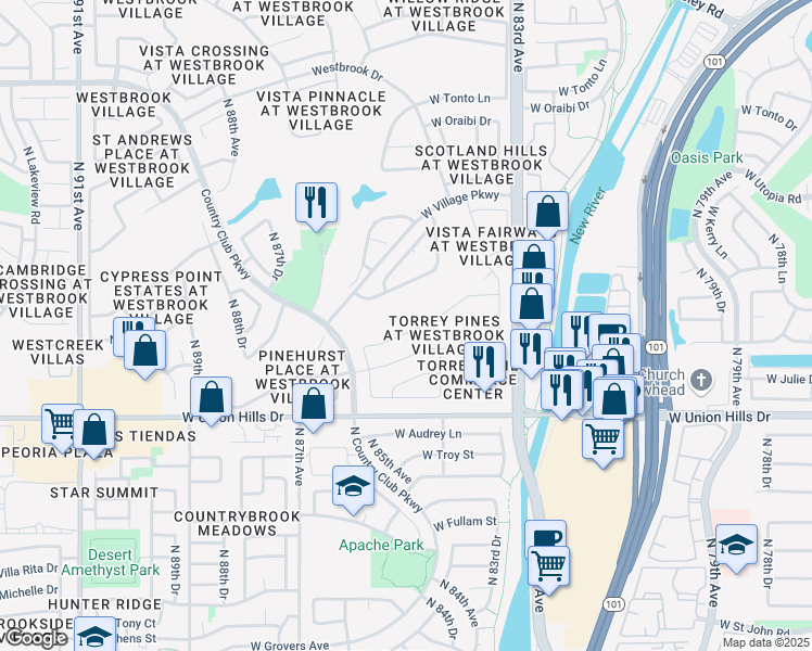 map of restaurants, bars, coffee shops, grocery stores, and more near 8450 West Rosemonte Drive in Peoria