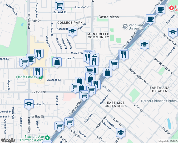 map of restaurants, bars, coffee shops, grocery stores, and more near 2233 Fairview Road in Costa Mesa