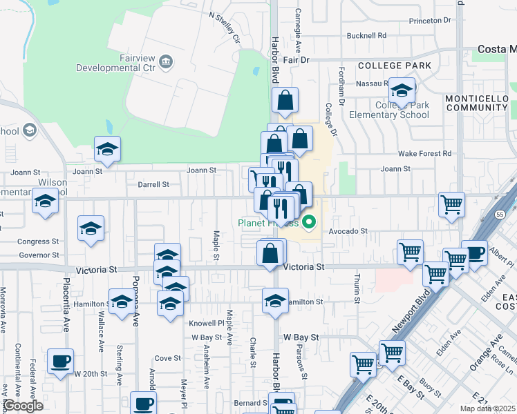 map of restaurants, bars, coffee shops, grocery stores, and more near East Wilson Street in Costa Mesa