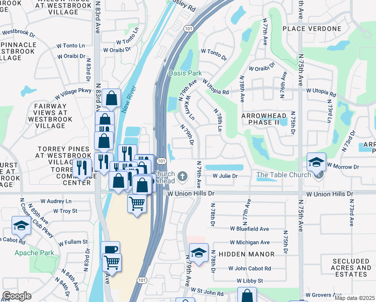 map of restaurants, bars, coffee shops, grocery stores, and more near 7921 West Wescott Drive in Glendale