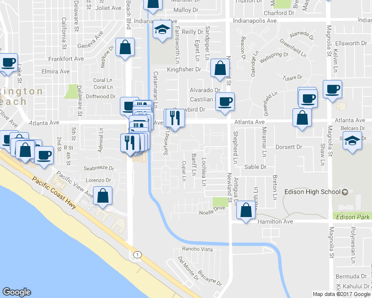map of restaurants, bars, coffee shops, grocery stores, and more near 8271 Cape Horn Drive in Huntington Beach