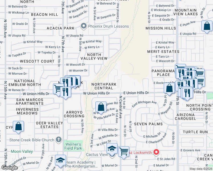 map of restaurants, bars, coffee shops, grocery stores, and more near 220 West Union Hills Drive in Phoenix